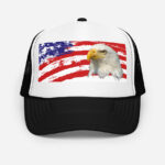 Front of Eagle And USA Flag black foam trucker hat with white front showing printed American flag and bald eagle design.