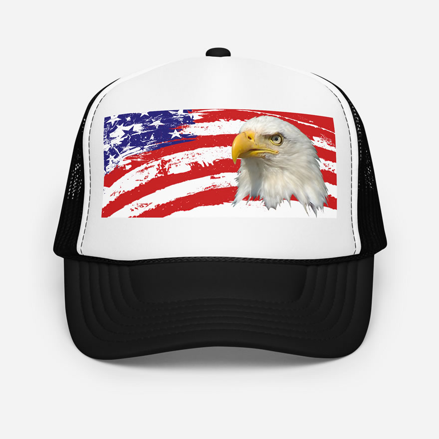 Front of Eagle And USA Flag black foam trucker hat with white front showing printed American flag and bald eagle design.