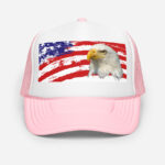 Front of Eagle And USA Flag pink foam trucker hat with white front showing printed American flag and bald eagle design.