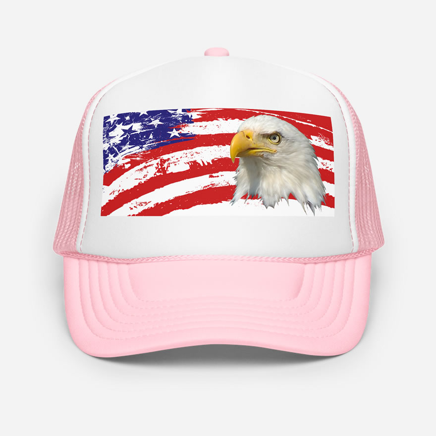 Front of Eagle And USA Flag pink foam trucker hat with white front showing printed American flag and bald eagle design.