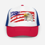 Front of Eagle And USA Flag red, blue trucker hat with white front showing printed American flag and bald eagle design.