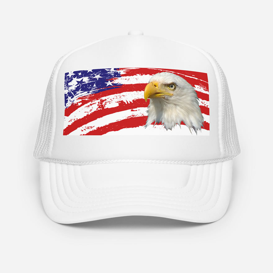Front of Eagle And USA Flag white trucker hat showing printed American flag and bald eagle design.