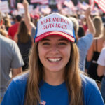 Front of Make America Gavin Again red and blue foam trucker hat with white front showing script design printed in red font.