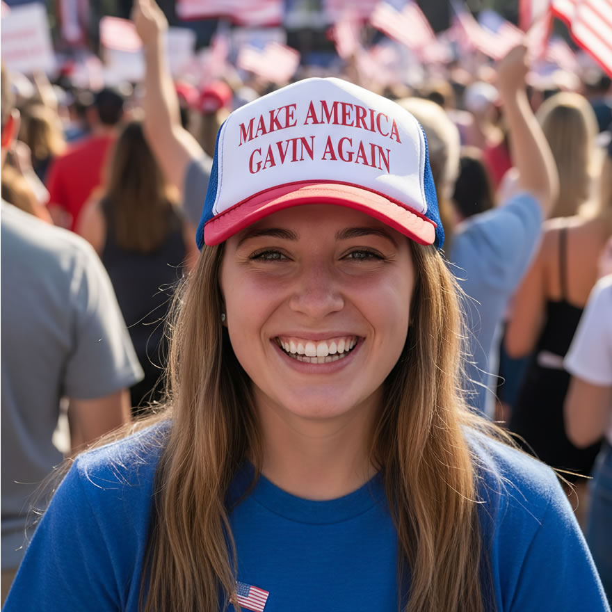 Front of Make America Gavin Again red and blue foam trucker hat with white front showing script design printed in red font.