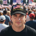 Real Patriot USA Flag Eagle Hat foam trucker cap on younger man at political rally. Real Patriot in gold-colored font.