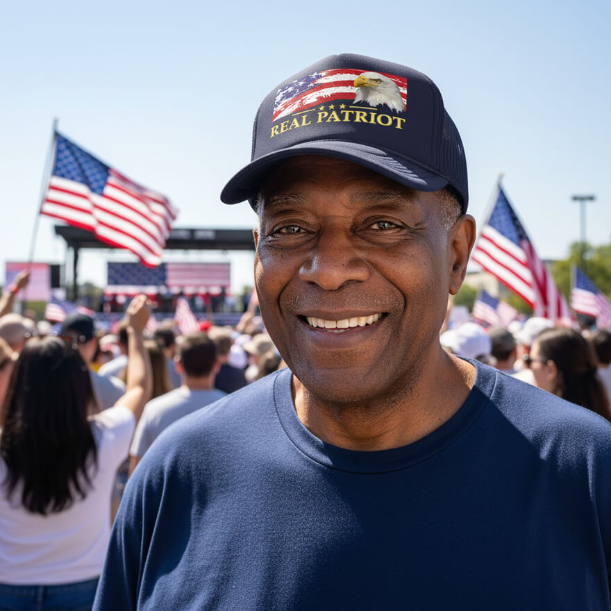 Real Patriot USA Flag Eagle Hat navy foam trucker cap on older man at rally. Real Patriot in gold-colored font.